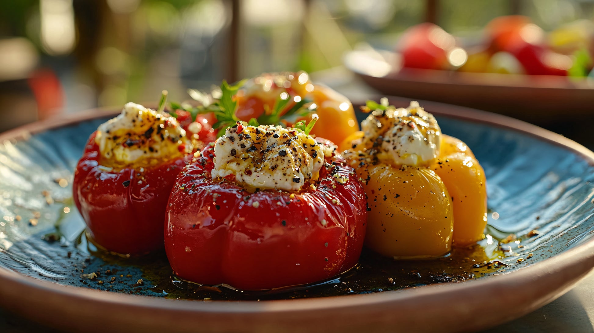 Grilled Stuffed Cheese Bell Peppers with rocket and coated with Pepper Melange on plate