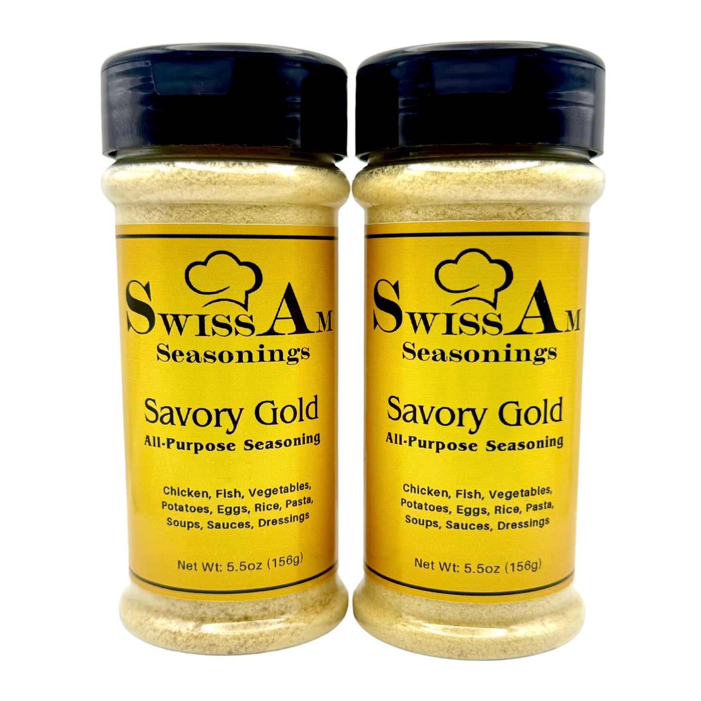 Two bottles of SwissAm Savory Gold All-Purpose Seasoning on white background