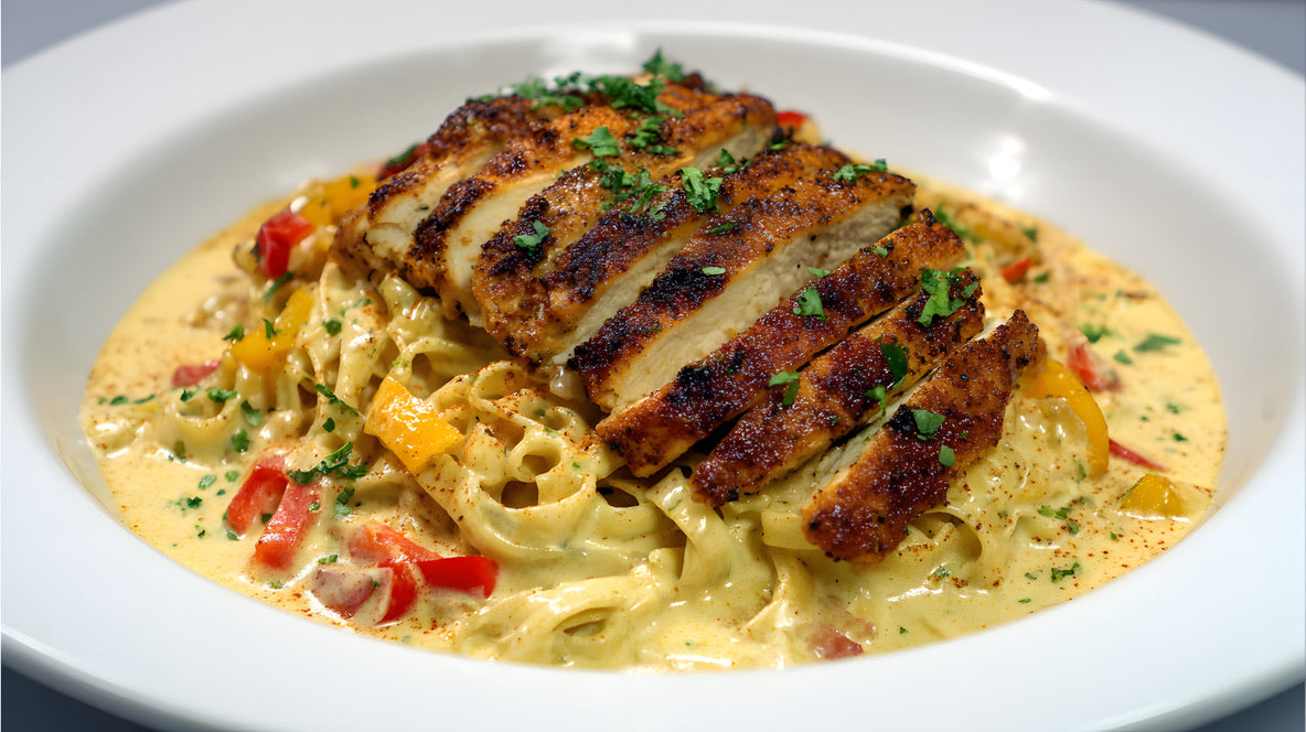 Blackened chicken breast slices served over creamy pasta with red and yellow bell peppers, garnished with fresh parsley on a white plate.