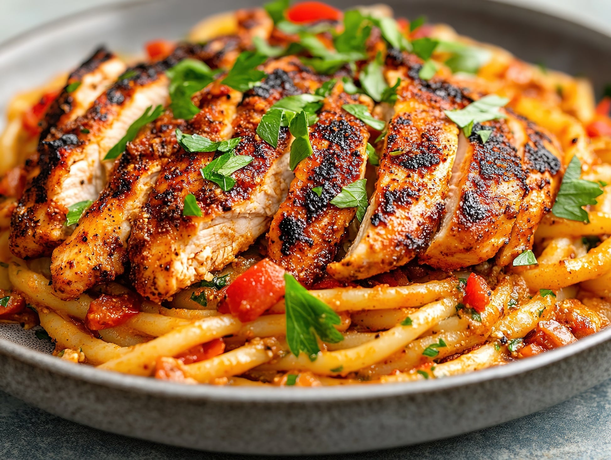 Blackened chicken breast slices served over spaghetti with tomato sauce and fresh herbs on a gray plate.