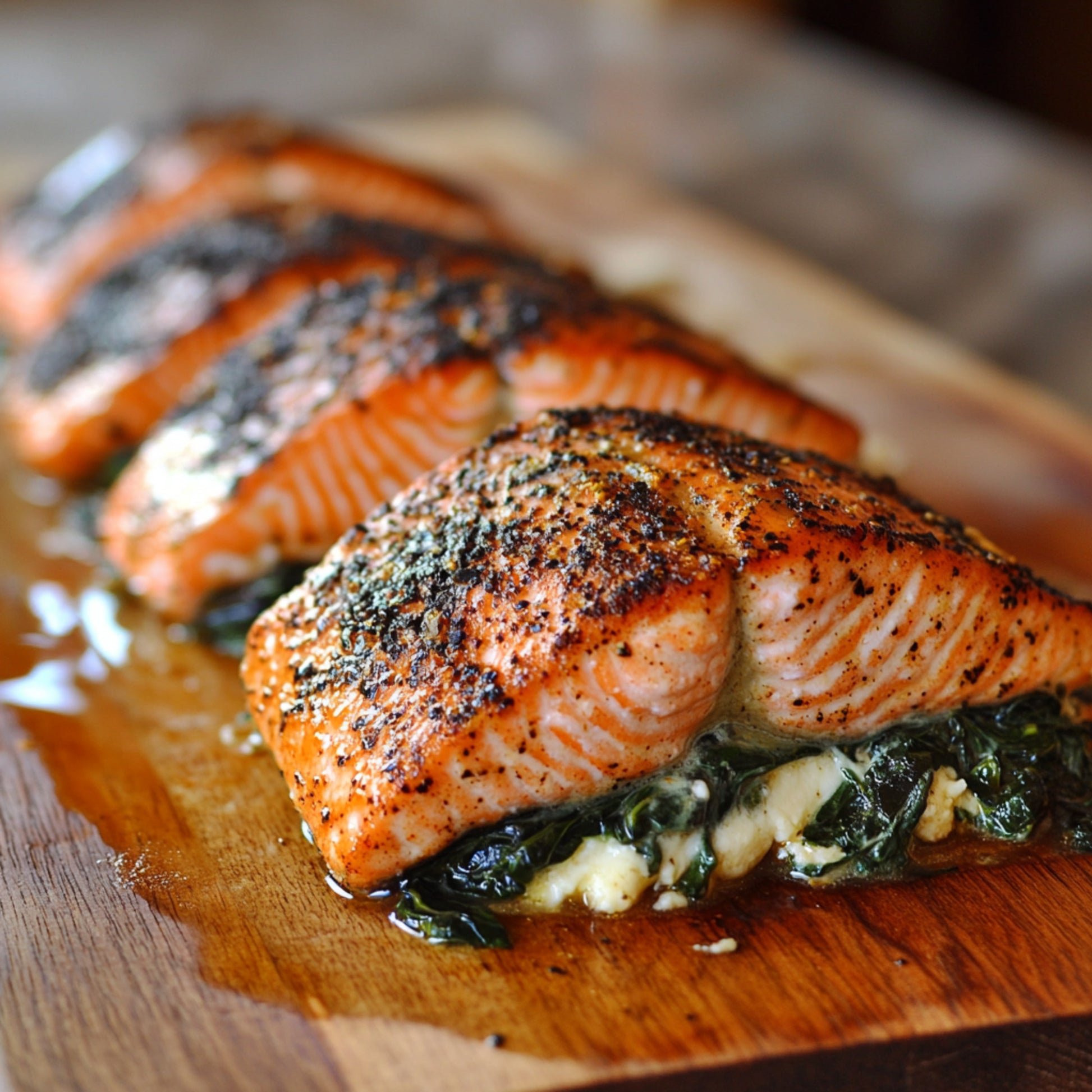 Blackened salmon seasoned with SwissAm Blackened, stuffed with creamy spinach and cheese, served on a wooden cutting board.