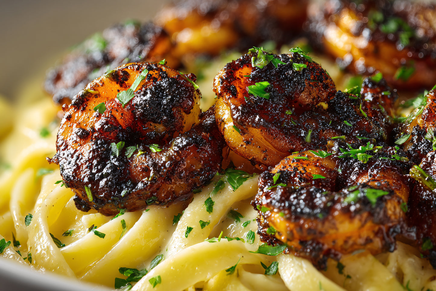 Blackened shrimp over buttered fettuccine pasta, seasoned with SwissAm Blackened blend