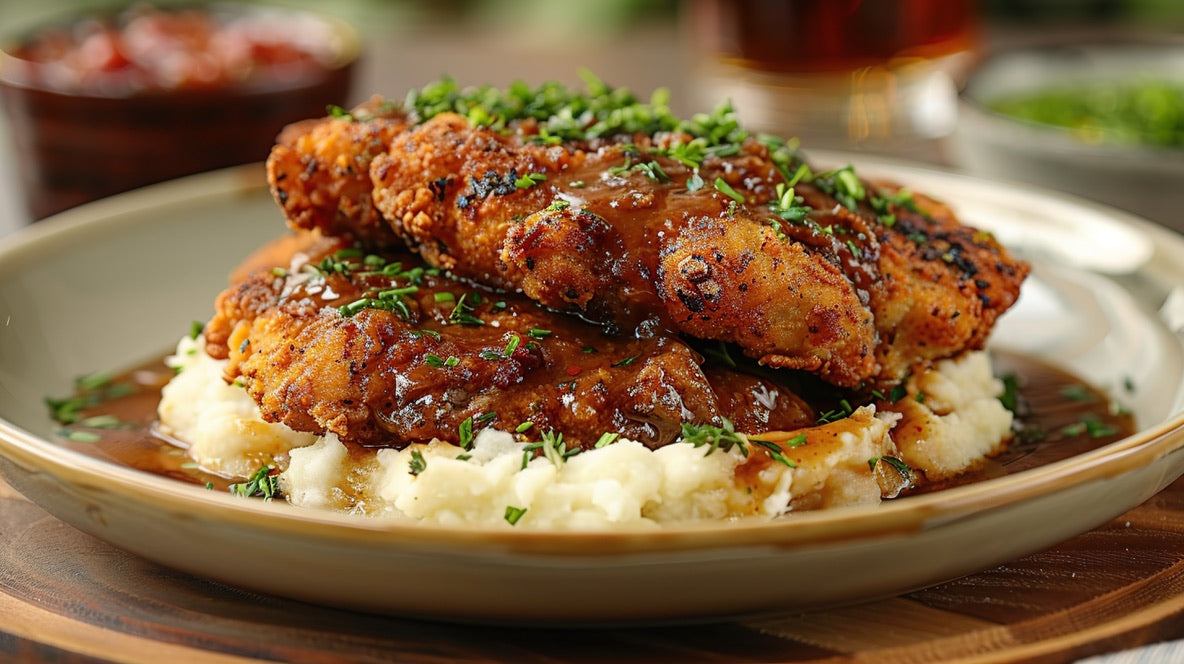 Crispy breaded chicken cutlets topped with rich brown gravy and fresh herbs over mashed potatoes, seasoned with SwissAm Broil & Sauté Original Seasoning