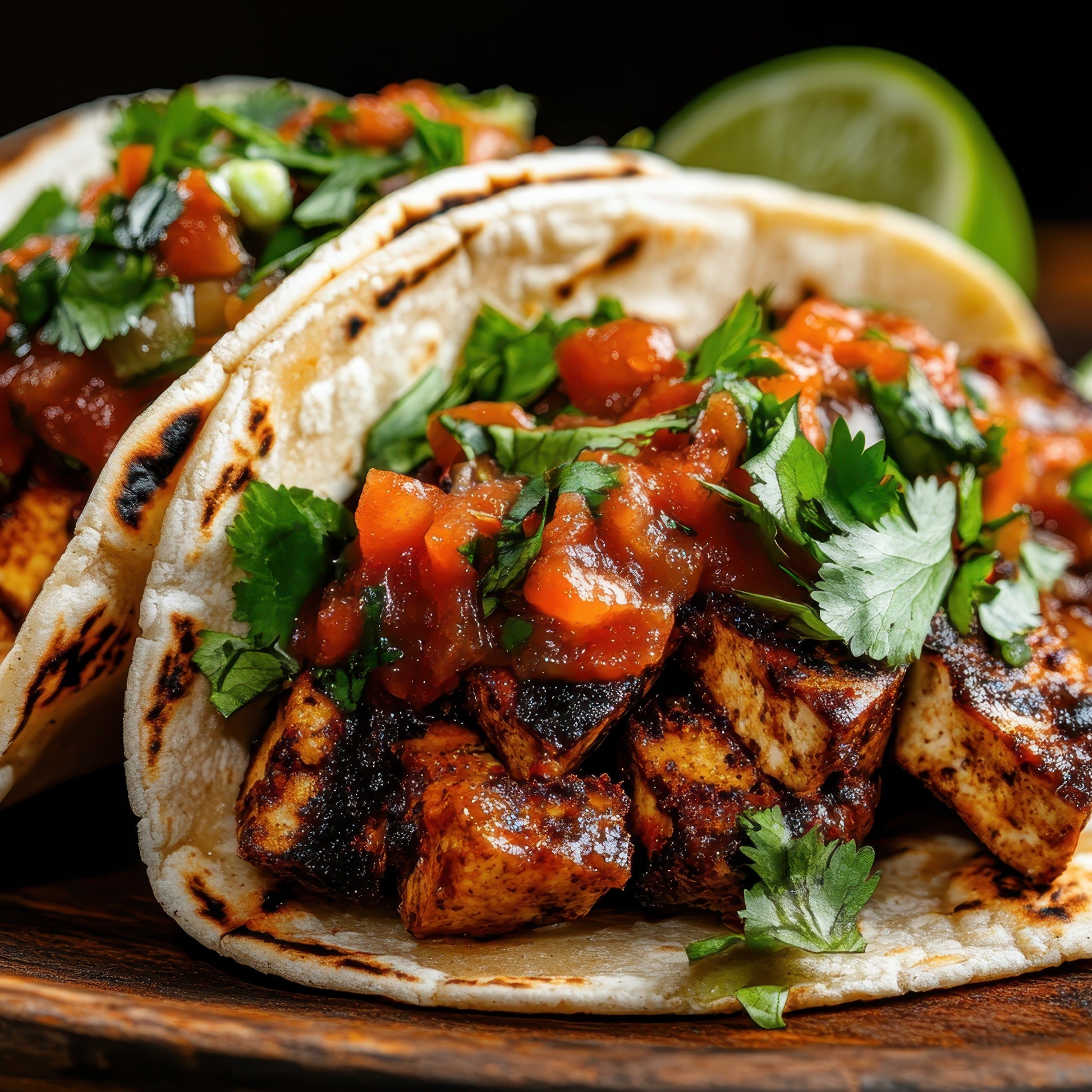 Chicken tacos seasoned with SwissAm Broil & Sauté, topped with fresh salsa and cilantro, served with lime wedges on a wooden board.