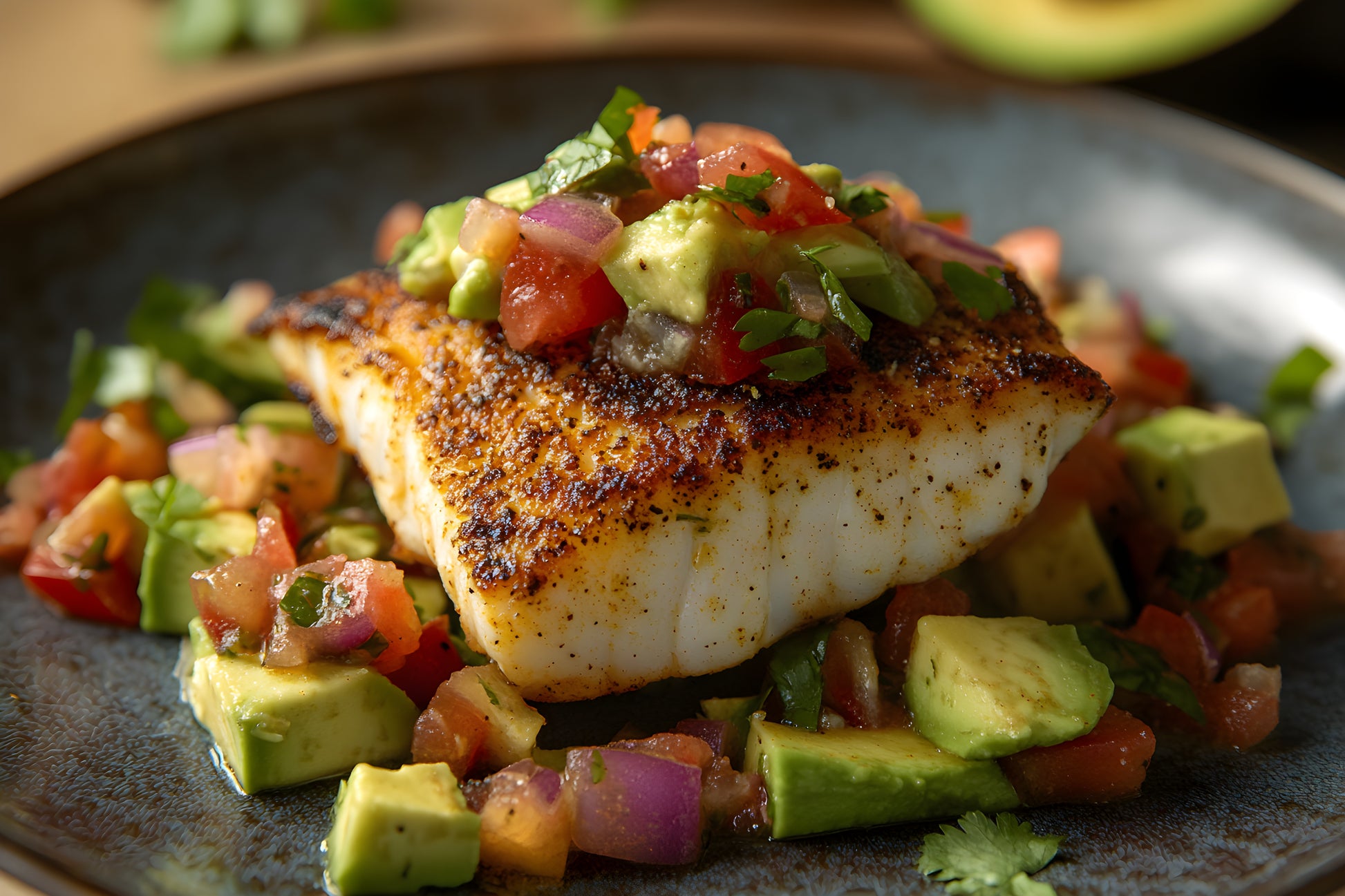 Grilled fish seasoned with SwissAm Broil & Sauté, topped with avocado and tomato salsa on a dark plate.