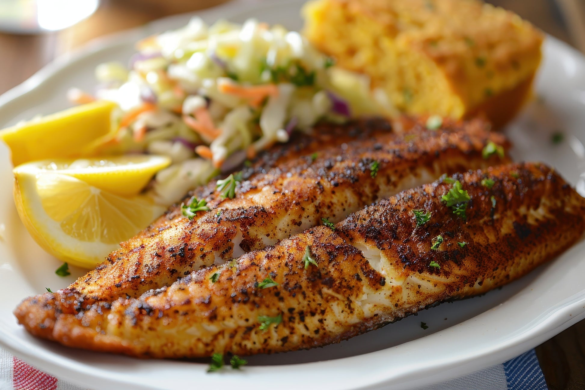 Grilled fish fillet seasoned with SwissAm Broil & Sauté, served with coleslaw, lemon wedges, and cornbread on a white plate.