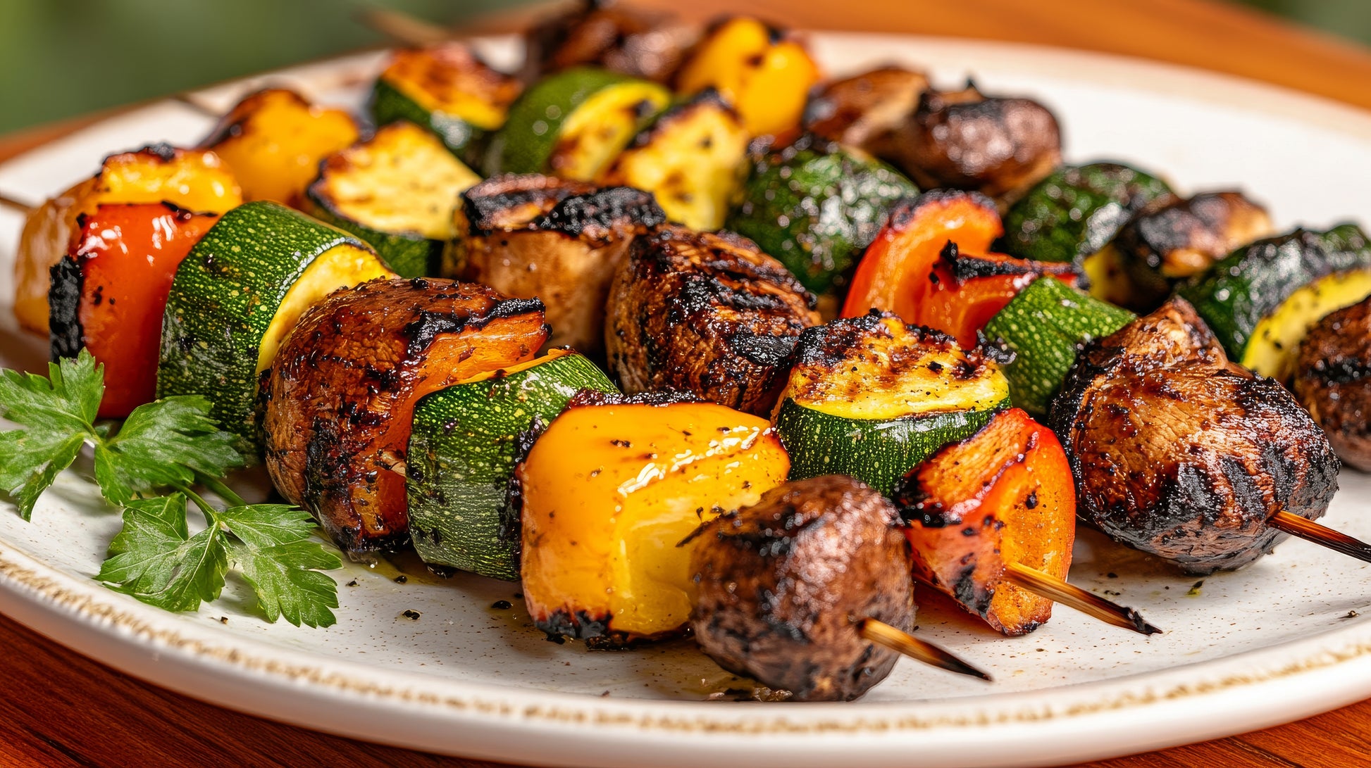 Grilled vegetable skewers seasoned with SwissAm Broil & Sauté, featuring mushrooms, zucchini, and bell peppers, served on a white plate.