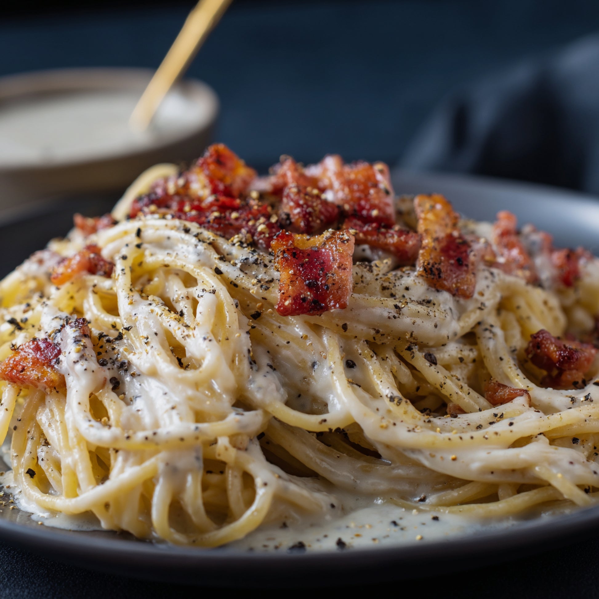 Creamy carbonara pasta topped with crispy bacon and SwissAm Pepper Mélange