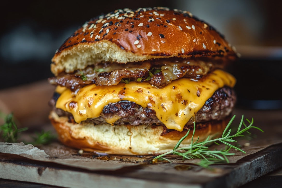 Juicy cheeseburger with melted cheddar and caramelized onions on a sesame seed bun, seasoned with SwissAm Broil & Sauté Original Seasoning