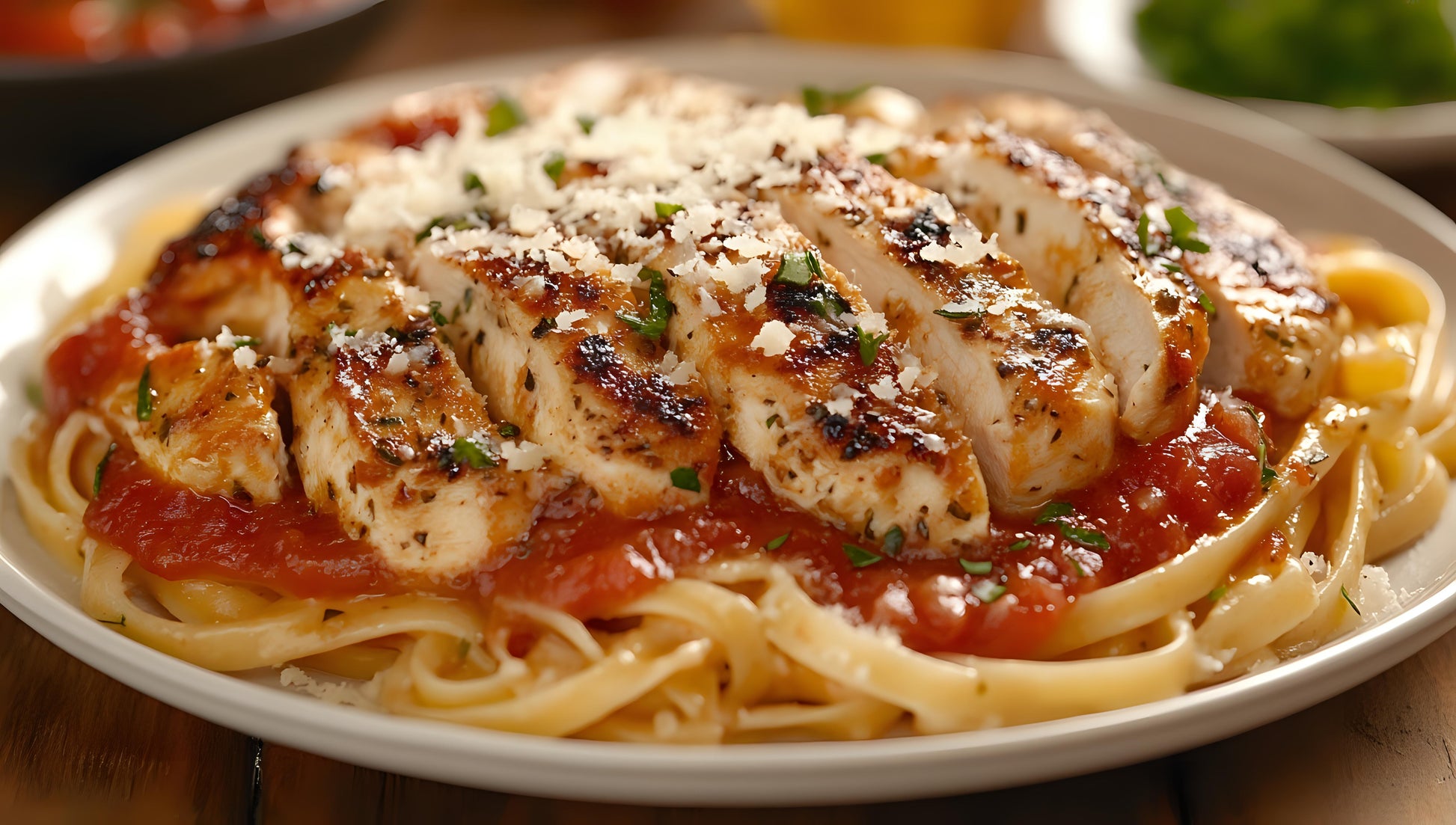 Grilled chicken breast slices served over fettuccine pasta with rich tomato sauce and parmesan cheese, seasoned with SwissAm Broil & Sauté Original Seasoning