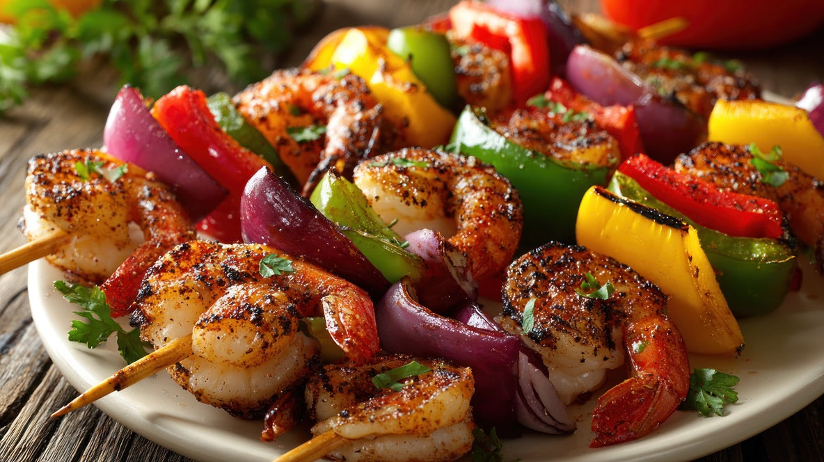 Grilled shrimp skewers with peppers and onions, seasoned with SwissAm Blackened Seasoning