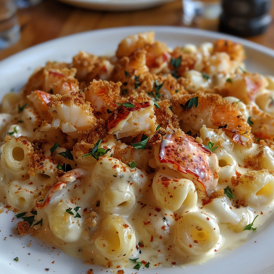 Creamy macaroni and cheese topped with chunks of lobster, toasted breadcrumbs, and herbs, seasoned with SwissAm Broil & Sauté Original Seasoning