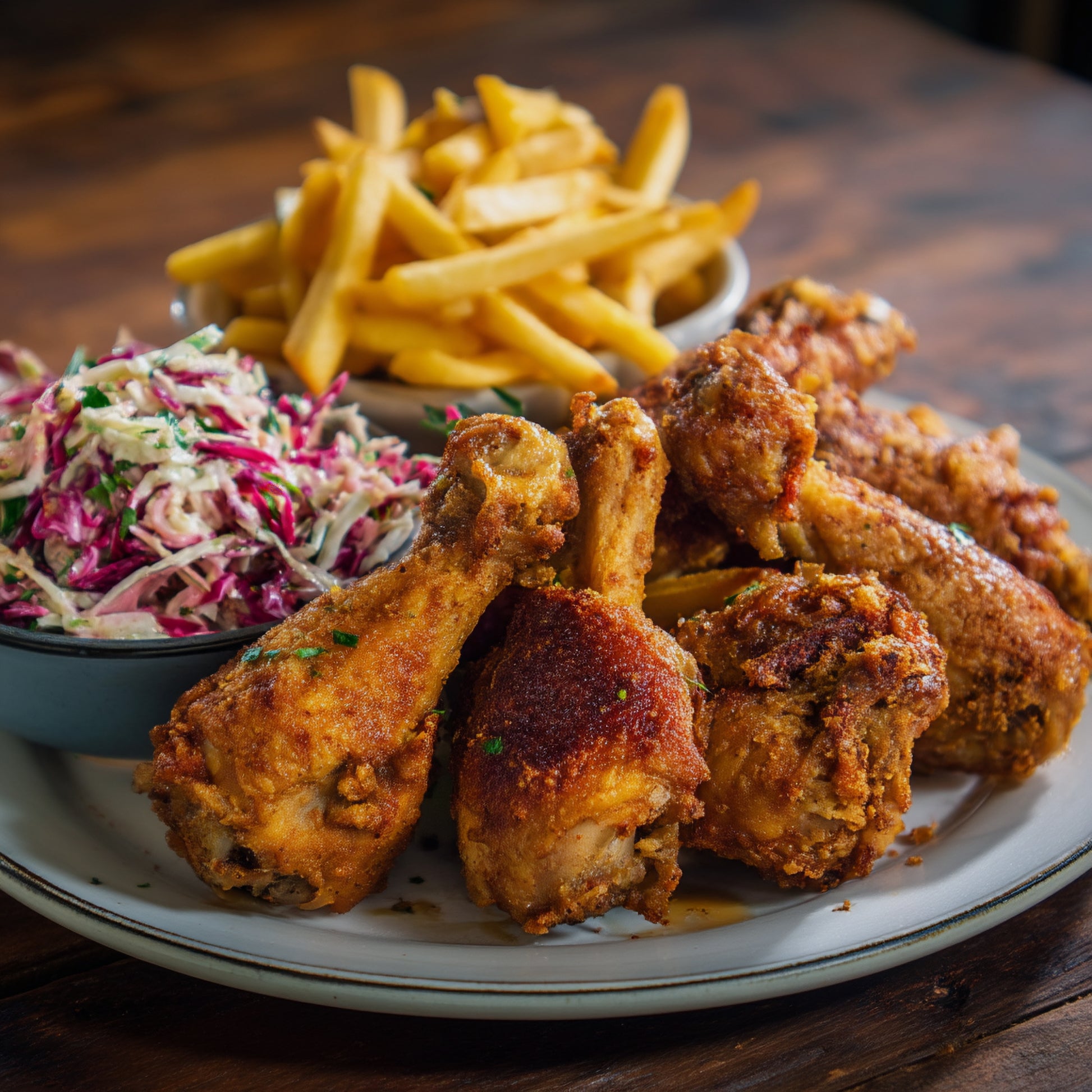 Crispy fried chicken drumsticks seasoned with SwissAm Broil & Sauté, served with creamy coleslaw and golden fries on a plate.