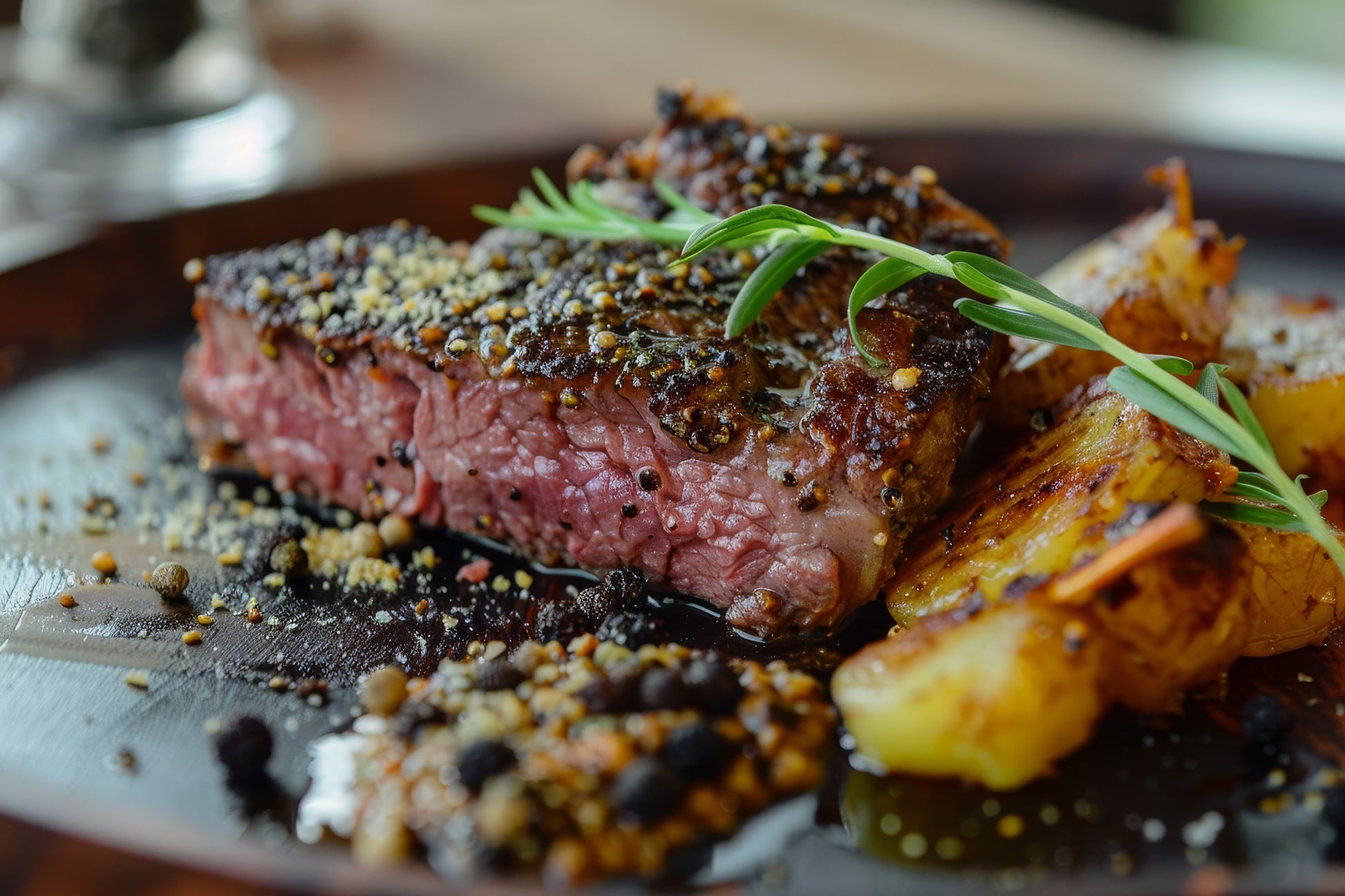 Pepper Mélange crusted steak cooked medium-rare, served with roasted potatoes and garnished with fresh rosemary.