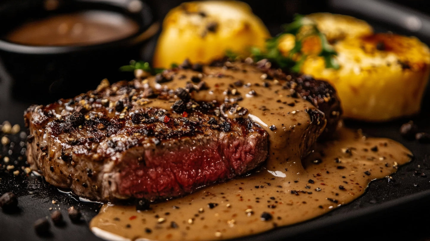 Seared steak in creamy peppercorn sauce, seasoned with SwissAm Pepper Mélange