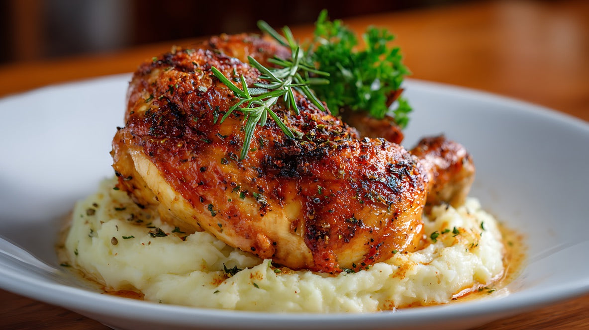 Oven-roasted chicken breast served on creamy mashed potatoes with rosemary garnish, seasoned with SwissAm Broil & Sauté Original Seasoning