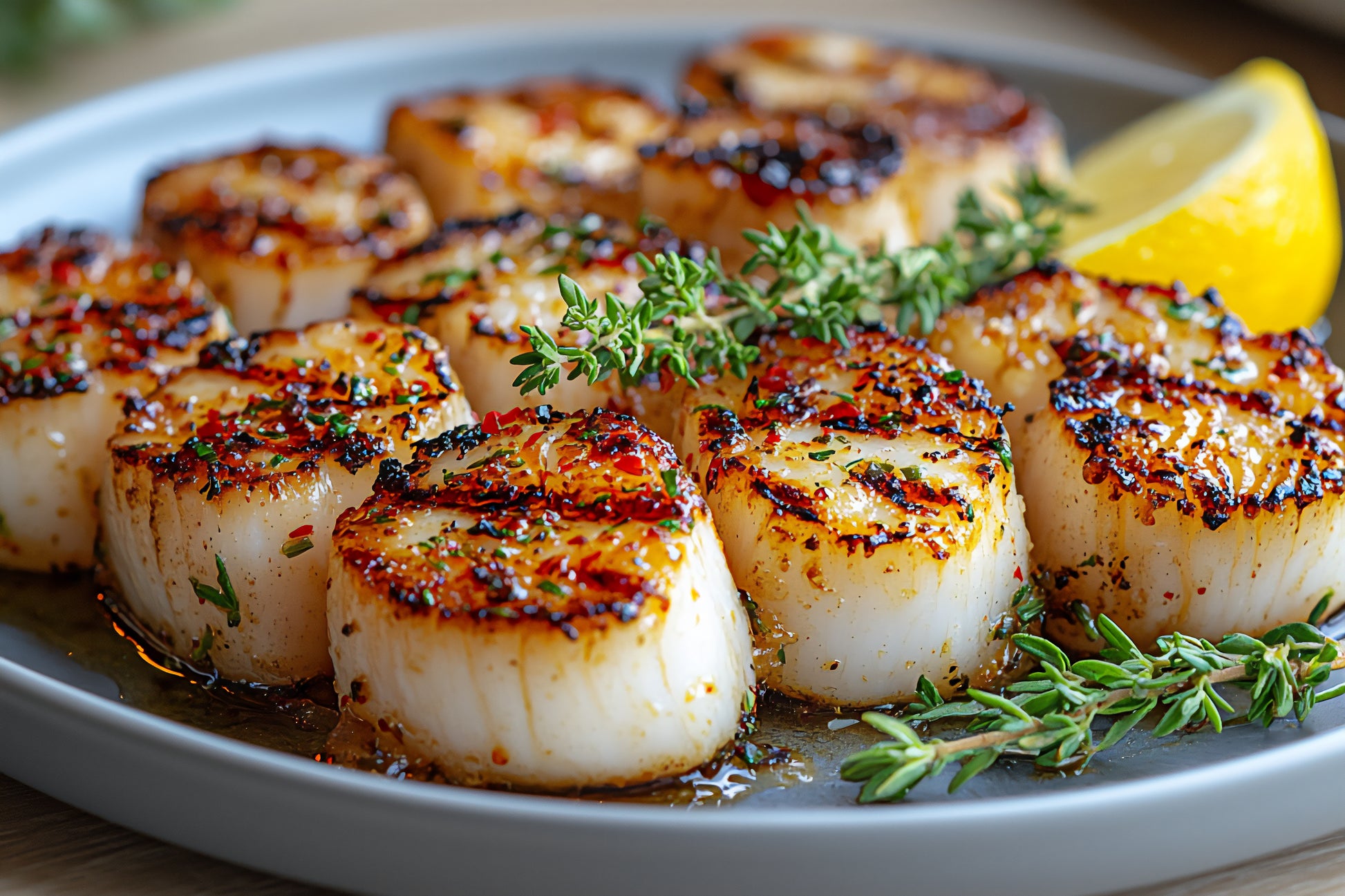 Seared scallops garnished with fresh thyme and lemon, seasoned with SwissAm Blackened blend