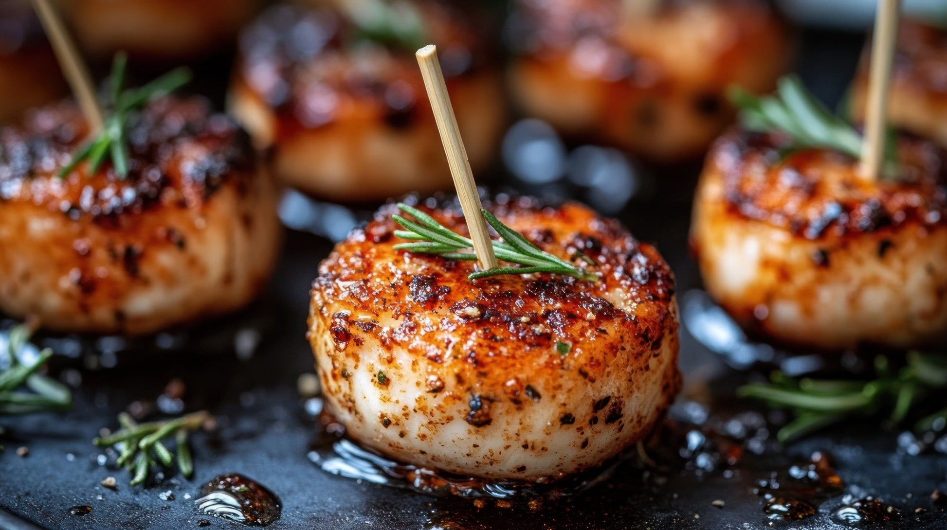 Seared scallops seasoned with SwissAm Broil & Sauté, garnished with rosemary sprigs on a grill plate