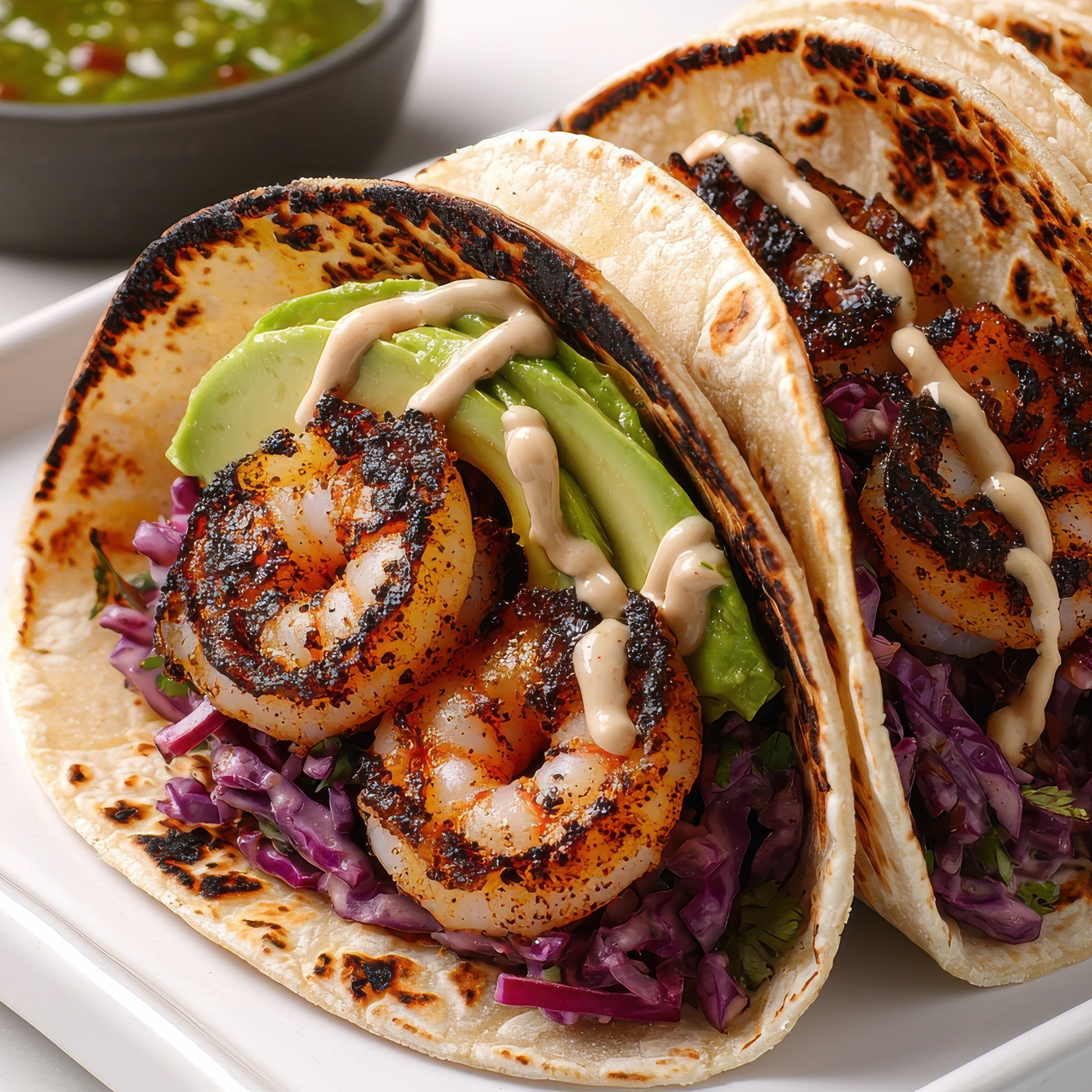 Blackened shrimp tacos with avocado and slaw, seasoned with SwissAm Blackened blend