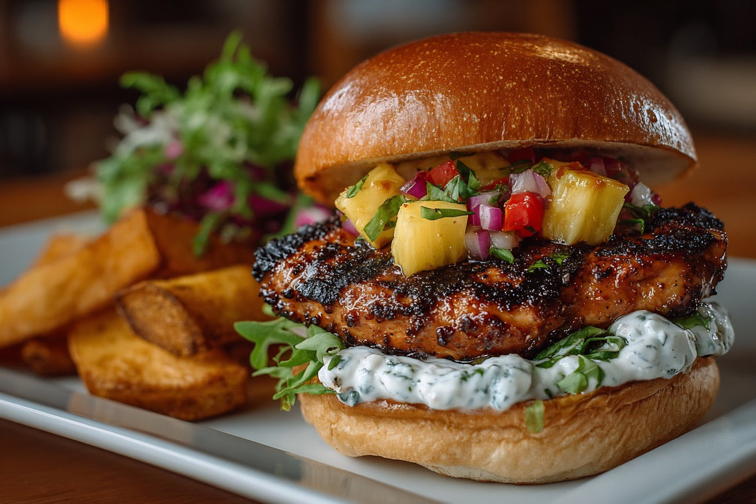 Grilled blackened chicken burger with pineapple salsa, creamy herb sauce, lettuce, and fresh herbs on a toasted bun, seasoned with SwissAm Blackened Seasoning