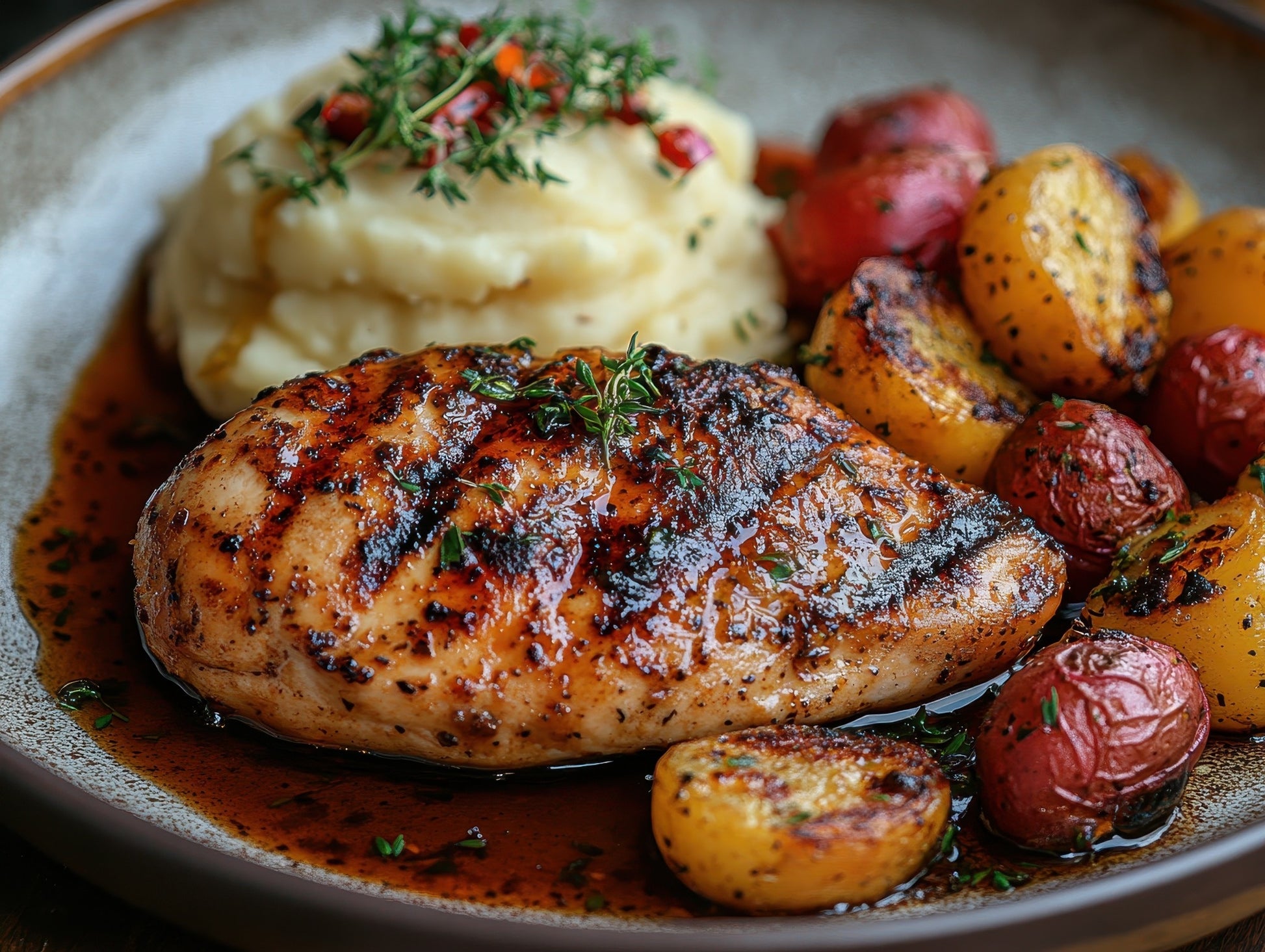 Grilled chicken breast seasoned with SwissAm Blackened Seasoning, served with roasted baby potatoes and creamy mashed potatoes topped with fresh herbs.