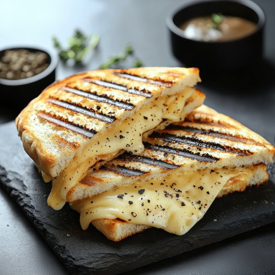 Golden grilled cheese sandwich with melted cheese, seasoned with SwissAm Pepper Mélange.