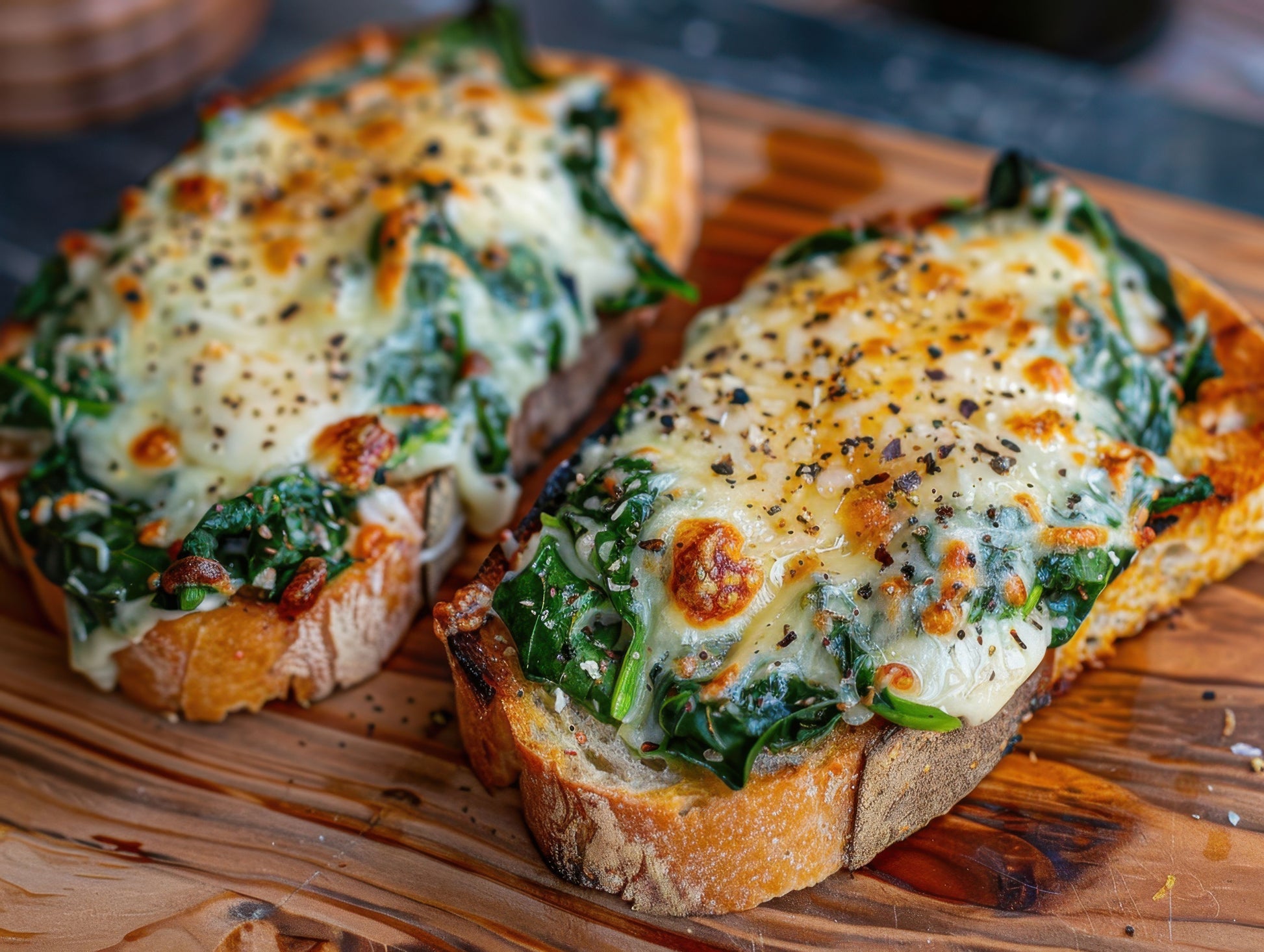 Toasted bread topped with melted cheese and spinach, seasoned with SwissAm Pepper Mélange.