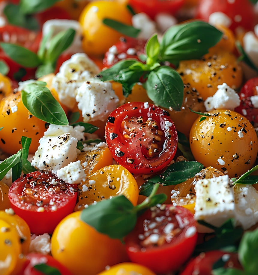 Fresh mixed tomato and feta salad with basil leaves, seasoned with SwissAm Pepper Mélange.