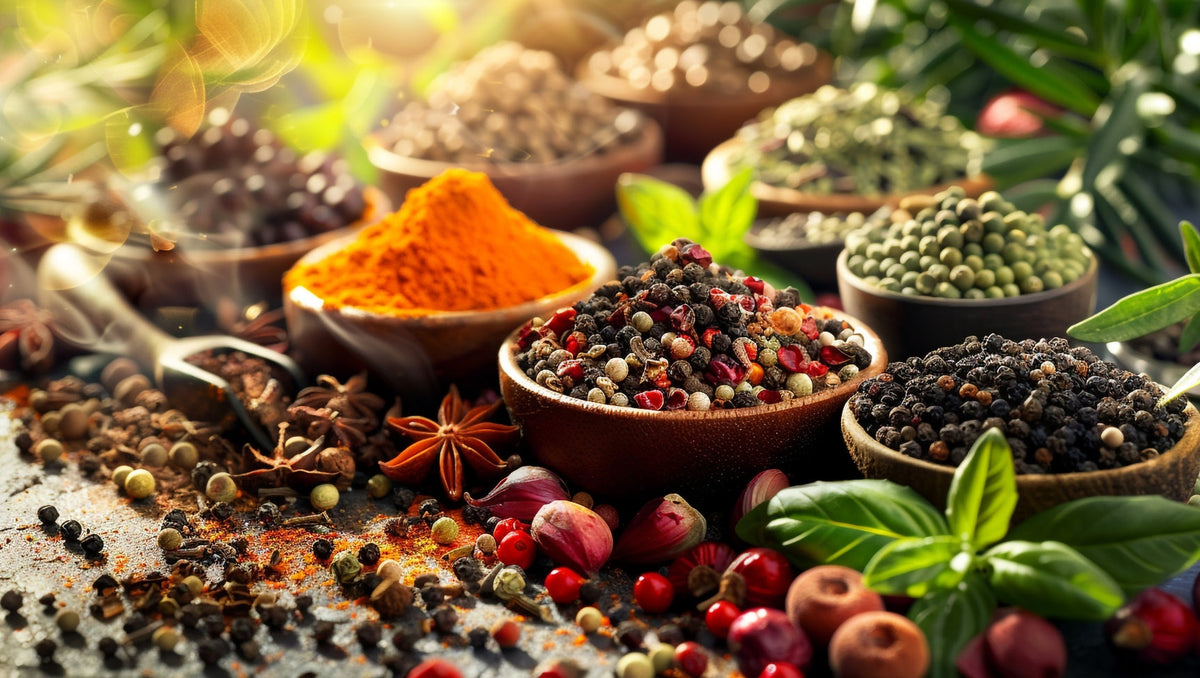 Assorted herbs and spices including turmeric, peppercorns, and fresh herbs highlighting natural flavor and health benefits