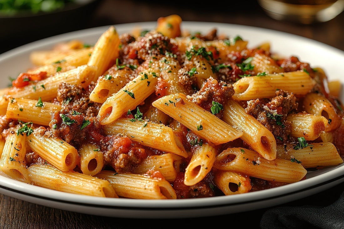 Penne Bolognese with ground beef and tomato sauce made with SwissAm Broil & Sauté Seasoning