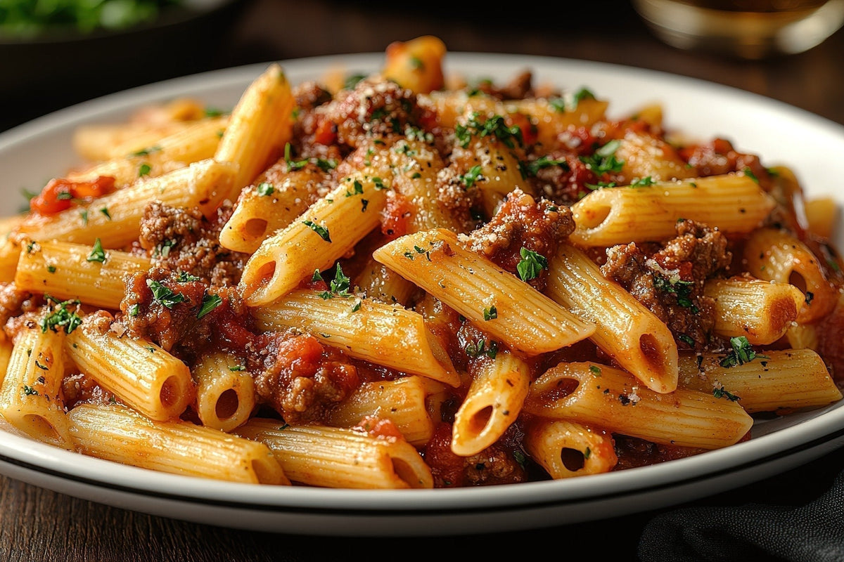 Penne Bolognese with ground beef and tomato sauce made with SwissAm Broil & Sauté Seasoning