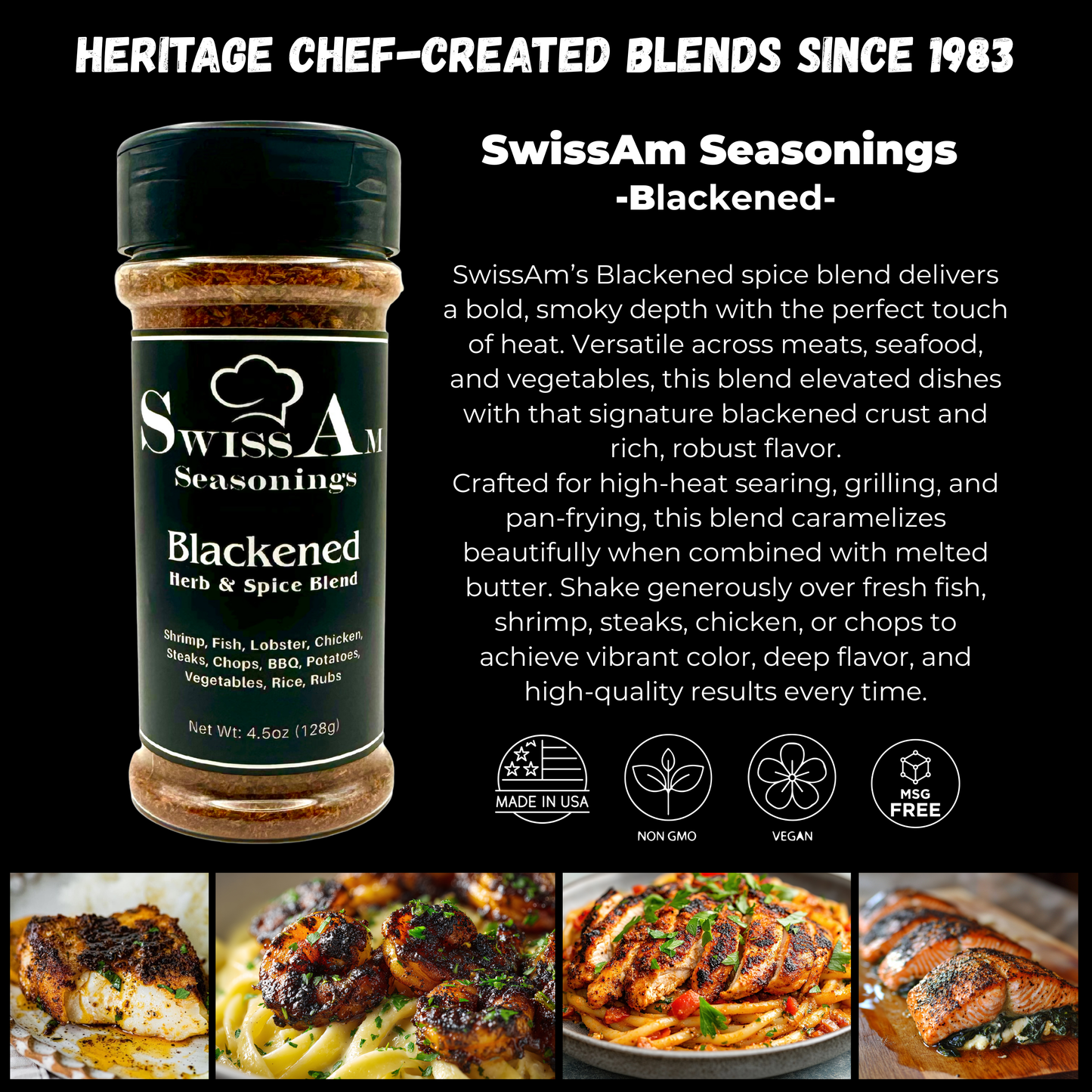SwissAm Blackened herb and spice blend information card showing the seasoning bottle, product description, icons, and food examples on a black background.