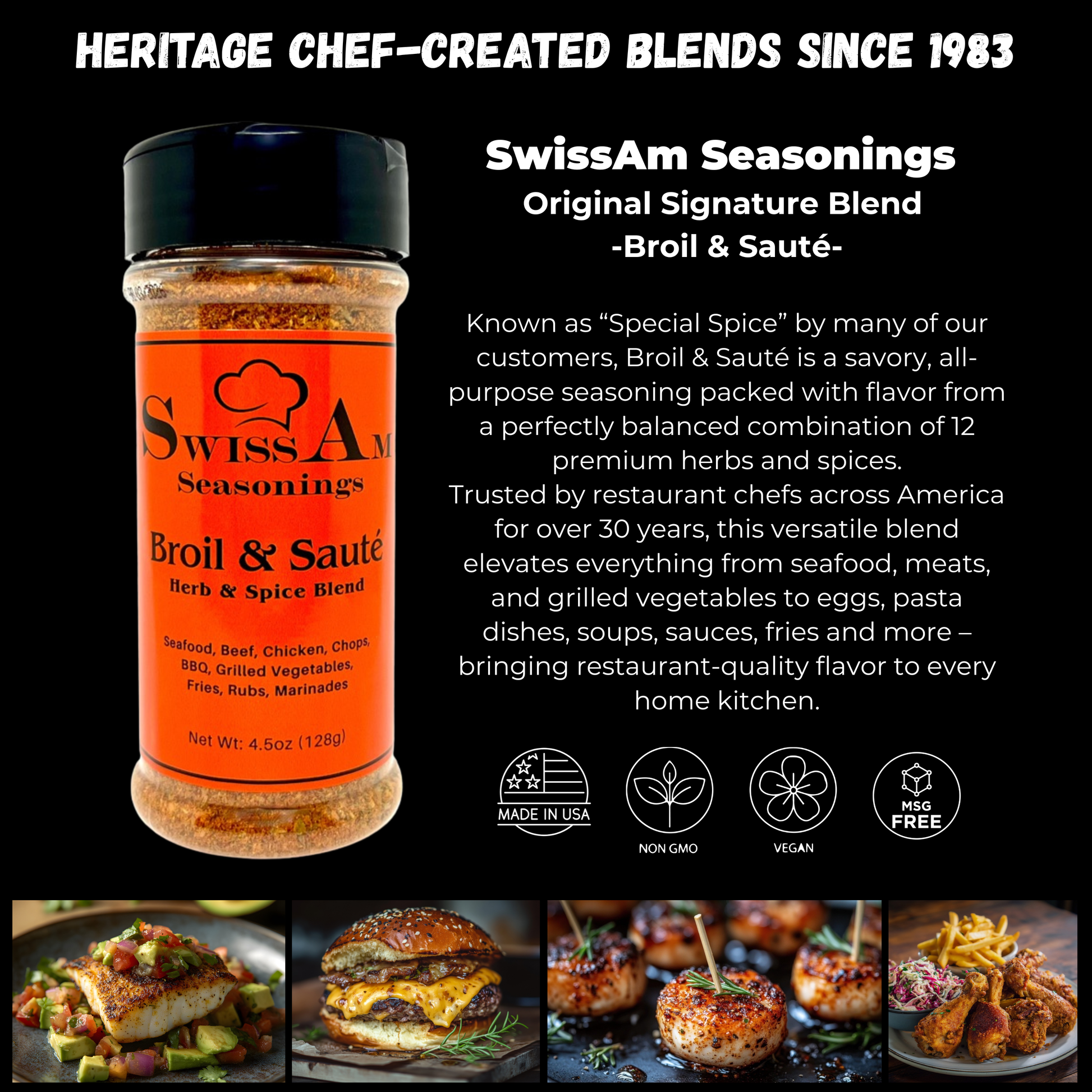 SwissAm Broil & Sauté original signature herb and spice blend information card featuring the seasoning bottle, product description, icons, and food examples on a black background.