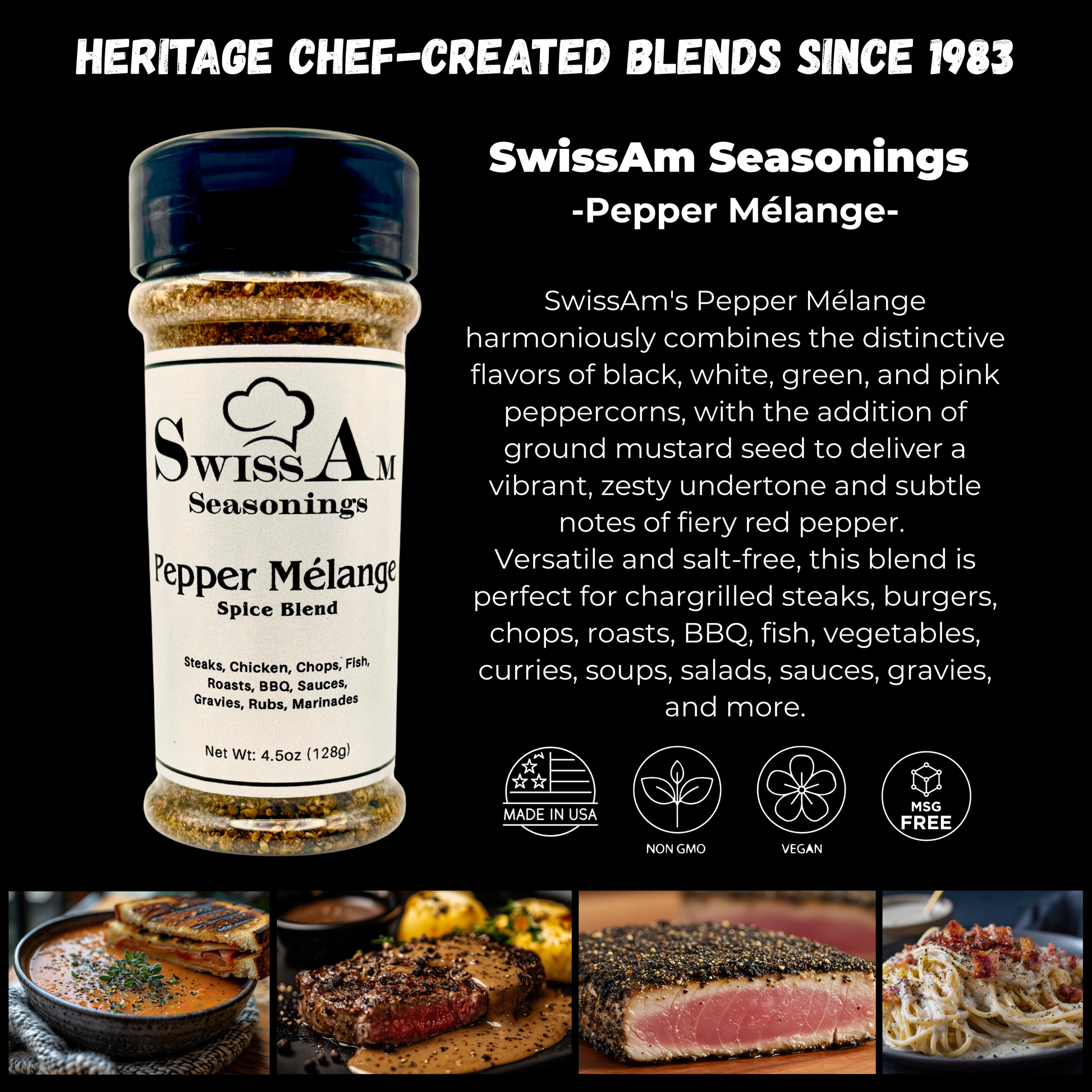 SwissAm Pepper Mélange premium pepper blend information card featuring the seasoning bottle, product description, icons, and food example images on a black background.