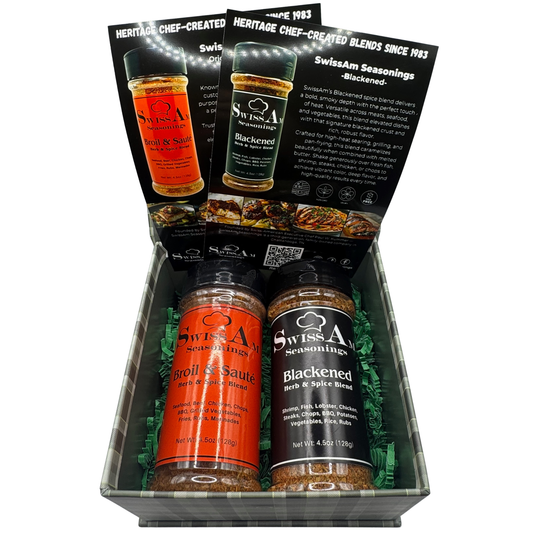 SwissAm Seasonings two-shaker gift box featuring Broil & Sauté and Blackened blends in a display box with green crinkle paper and product information cards.