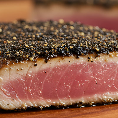 Seared ahi tuna steak crusted with SwissAm Pepper Mélange