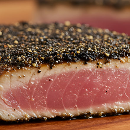 Seared ahi tuna steak crusted with SwissAm Pepper Mélange