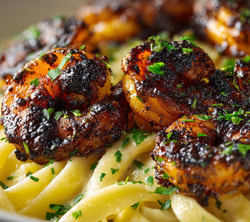 Blackened shrimp over buttered fettuccine pasta, seasoned with SwissAm Blackened blend