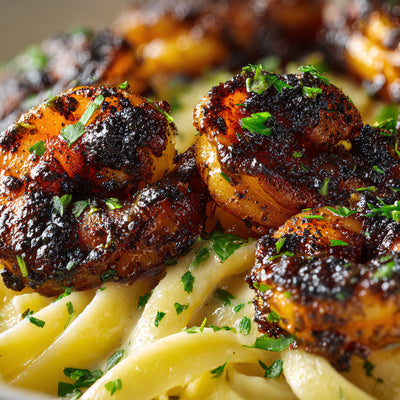Blackened shrimp over buttered fettuccine pasta, seasoned with SwissAm Blackened blend