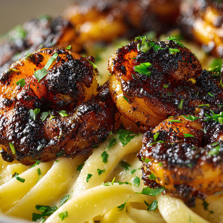 Blackened shrimp over buttered fettuccine pasta, seasoned with SwissAm Blackened blend
