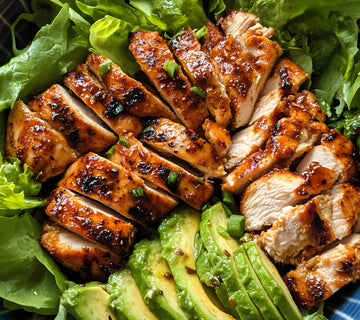 Grilled chicken breast seasoned with SwissAm Broil & Sauté, served with avocado slices on a bed of lettuce in a blue bowl.