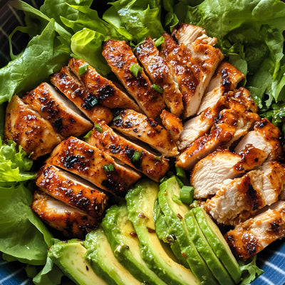Grilled chicken breast seasoned with SwissAm Broil & Sauté, served with avocado slices on a bed of lettuce in a blue bowl.