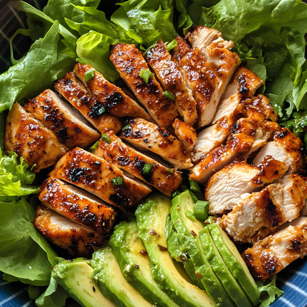 Grilled chicken breast seasoned with SwissAm Broil & Sauté, served with avocado slices on a bed of lettuce in a blue bowl.