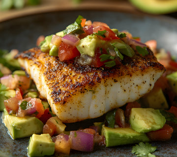 Grilled fish seasoned with SwissAm Broil & Sauté, topped with avocado and tomato salsa on a dark plate.