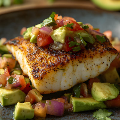 Grilled fish seasoned with SwissAm Broil & Sauté, topped with avocado and tomato salsa on a dark plate.