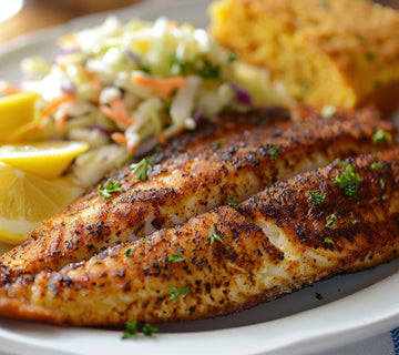 Grilled fish fillet seasoned with SwissAm Broil & Sauté, served with coleslaw, lemon wedges, and cornbread on a white plate.