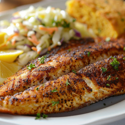 Grilled fish fillet seasoned with SwissAm Broil & Sauté, served with coleslaw, lemon wedges, and cornbread on a white plate.