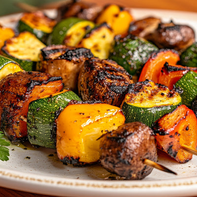 Grilled vegetable skewers seasoned with SwissAm Broil & Sauté, featuring mushrooms, zucchini, and bell peppers, served on a white plate.