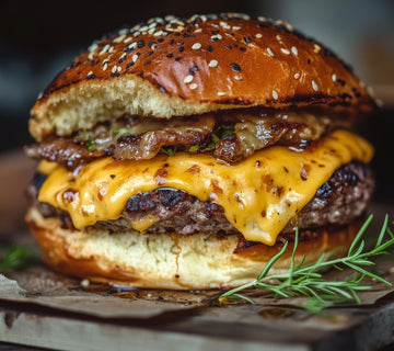 Juicy cheeseburger with melted cheddar and caramelized onions on a sesame seed bun, seasoned with SwissAm Broil & Sauté Original Seasoning