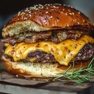 Juicy cheeseburger with melted cheddar and caramelized onions on a sesame seed bun, seasoned with SwissAm Broil & Sauté Original Seasoning